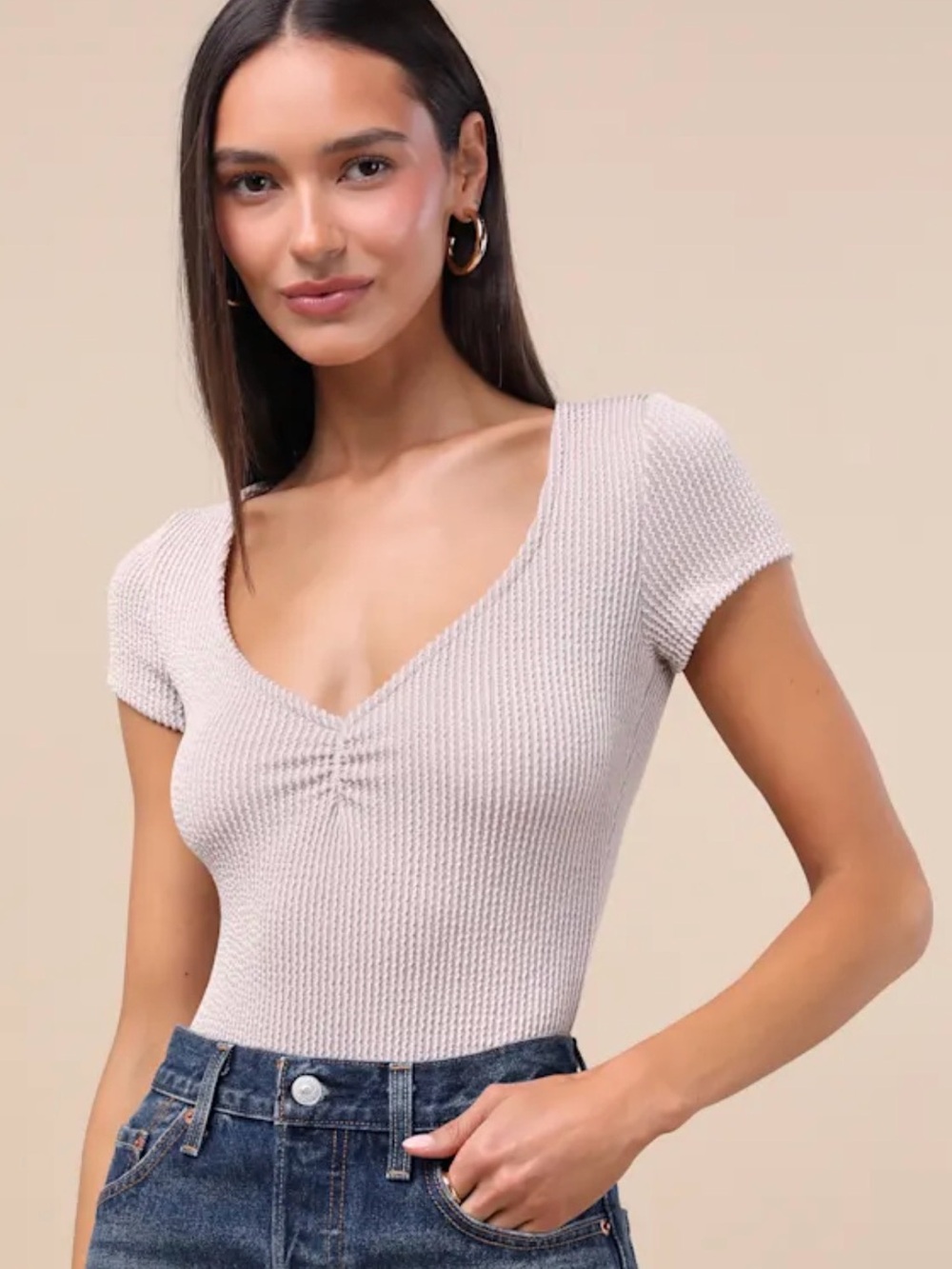 Required Style Beige Textured Ribbed Ruched Bodysuit
Lulus